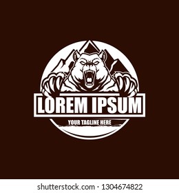 aggressive and angry bear animal cartoon character with Mountain vector badge round logo template
