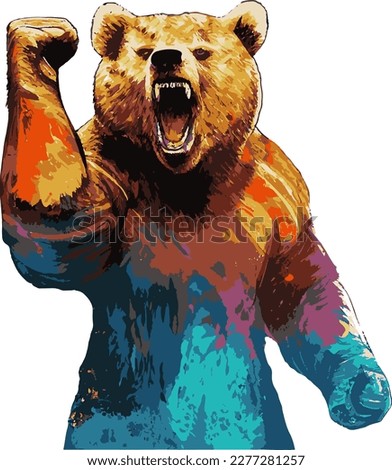 Aggressive angry bear violently threatens with his fist..
