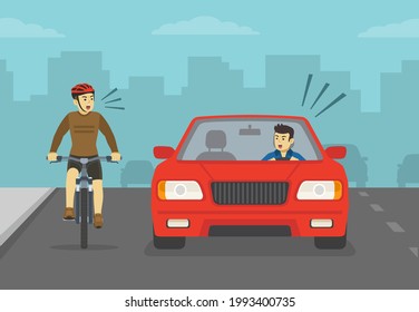 Aggressive and angry male driver is yelling to cyclist. Road rage between biker and sedan car driver. Front view of a city road or highway. Flat vector illustration template.