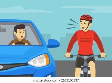 Aggressive and angry male driver is yelling to cyclist. Road rage between cyclist and sedan car driver. Front view of a city road or highway. Flat vector illustration template.