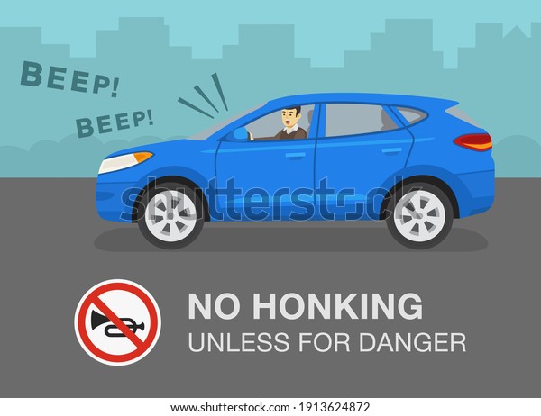 Aggressive and angry suv\
car driver is honking horn for no reason. Side view of a city\
street. No honking unless for danger warning design. Flat vector\
illustration\
template.