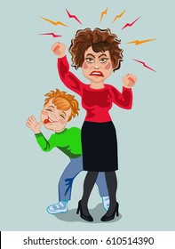 Aggressive angry woman with a teasing child behind her