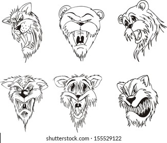 Aggressive animal heads. Set of black and white vector tattoo designs.