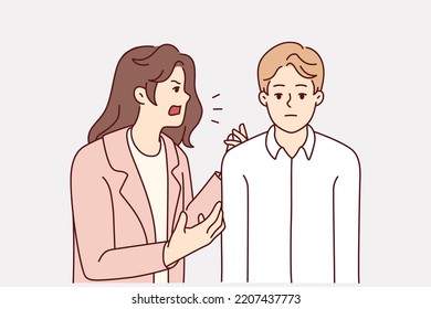Aggressive Annoying Woman Yelling At Tired Bored Husband. Furious Mad Wife Scream And Shout At Ignorant Man. Relationship Problems. Vector Illustration. 
