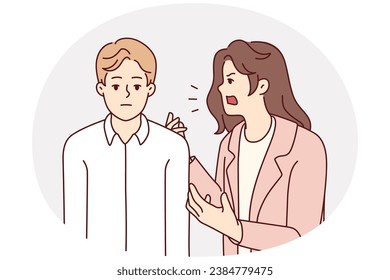 Aggressive annoying woman yelling at tired bored husband. Furious mad wife scream and shout at ignorant man. Relationship problems. Vector illustration.