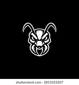 Aggressive ant head mascot logo in bold monochrome style with sharp lines and fierce expression