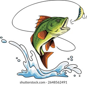 Agressivo Baixo Peixe Cartoon Personagem Salto na isca de pesca com Splash - Mão vetor desenhado ilustração isolada no fundo transparente