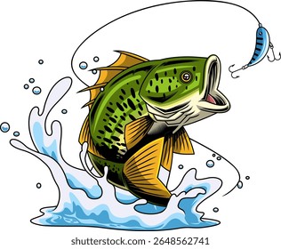 Agressivo Baixo Peixe Personagem de Desenho Animado Saltando Em Direção A Isca Azul - Mão Vetor Desenhado Ilustração Isolado Em Fundo Transparente