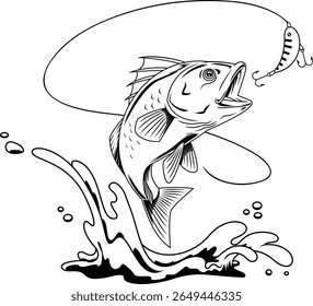 Agressivo Bass Fish Cartoon Personagem Saltando em direção a isca de pesca - preto e branco vetor mão desenhado ilustração isolada no fundo transparente