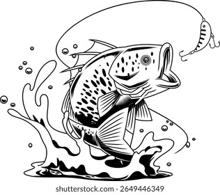 Agressivo Baixo Peixe Personagem de Desenho Animado Saltando Em Direção A Isca - Preto E Branco Vetor Mão Desenhado Ilustração Isolada Em Fundo Transparente