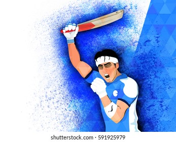 Agresivo batsman expresando sus emociones en abstracto contexto de salpicaduras para Cricket Concept.