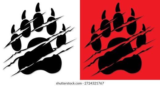 Arranhão agressivo de garra de urso com ilustração de vetor de impressão de pata. Marcas de barra rasgadas em silhueta preta em fundo vermelho e branco, ideal para logotipo, mascote, tatuagem, equipe de esporte, jogos e projetos de marca poderosos.