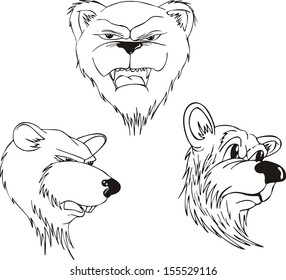 Aggressive bear heads. Set of black and white vector tattoo designs.