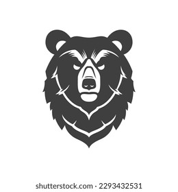 Aggressiver Bärenmuschelfurry Kopf wütend Raubfisch monochrome Vintage Symbol Design Vektorgrafik. Gefährlicher Grizzly-Portrait-Fleisch fressende Tiere Wildtier-Camping-Jagdshop Logo