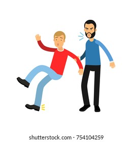 Aggressive bearded man grabbed young guy by hand and yells on him. Bad behavior concept. Cartoon characters of fighting people. Vector illustration in flat style isolated on white background.