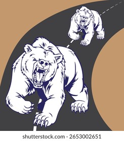 Ursos agressivos correndo em estrada - Ilustração de vetor de vida selvagem ousada