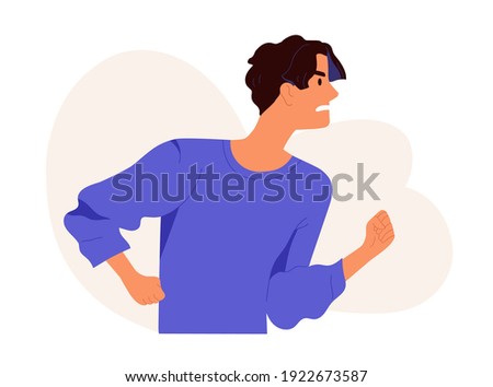 Aggressive behavior of furious angry man with annoyed facial expression. Profile portrait of irritated guy with frowned face. Colored flat vector illustration isolated on white background