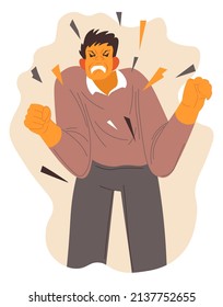 Aggressive behavior of male character, stressed man shouting, frustrated and depressed guy expressing anger. Furious and anxious personage, exhausted and negative emotion. Vector in flat style