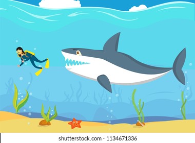 Aggressive big shark trying to reach human, vector illustration. Diver in danger.  