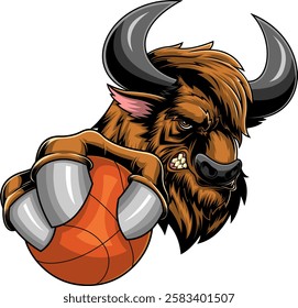 Aggressive Bison Holding Basketball Sports Mascot Logo Design. Vector Hand Drawn Illustration Isolated On Transparent Background