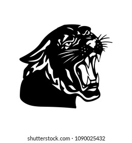 Aggressive black panther with open mouth, silhouette on white background, vector