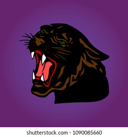Aggressive Black Panther with open mouth, cartoon on a purple background, vector