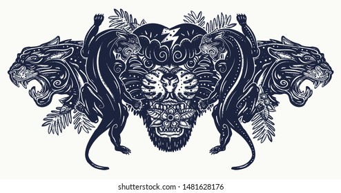 Aggressive black panthers in jungle. Old school tattoo style. Wild cats t-shirt design 