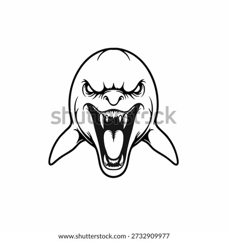An aggressive black and white illustration of a fish head, possibly a shark or dolphin, with sharp teeth and an open mouth, depicting a fierce and menacing expression.