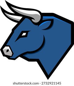 Aggressive blue bull mascot vector illustration with sharp white horns for e-sports gaming logos and sports team branding