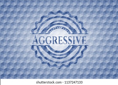 Aggressive blue emblem or badge with geometric pattern background.