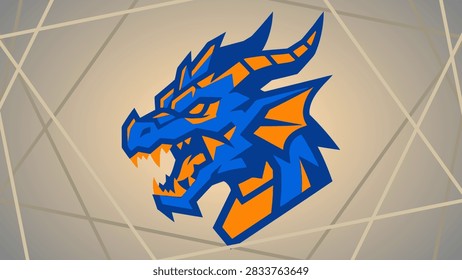 Aggressive blue and orange roaring dragon head mascot design. Perfect vector graphic for gaming team logo, streamer profile avatar, e-sports tournament crest, and sports apparel.