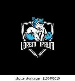 aggressive blue tiger cartoon for martial arts club kids shield badge logo template