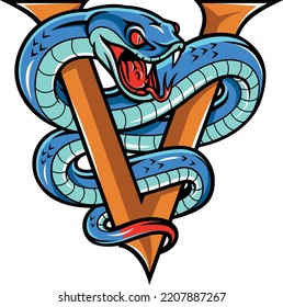 Aggressive Blue Viper Snake Wrap Around Letter V with Its Forked Tongue Out