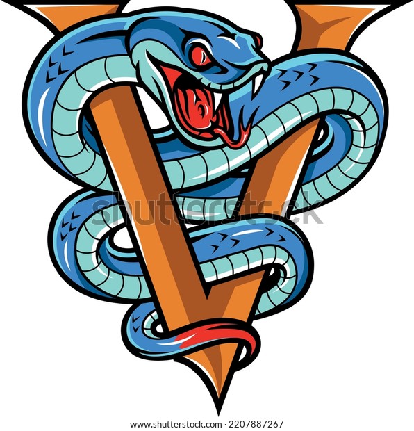 Aggressive Blue Viper Snake Wrap Around Letter V with
Its Forked Tongue
Out