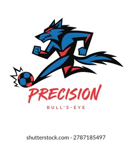 Aggressive blue wolf playing soccer, dynamic action shot with football, red and blue athletic gear, sport branding illustration.
