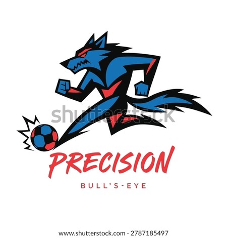 Aggressive blue wolf playing soccer, dynamic action shot with football, red and blue athletic gear, sport branding illustration.