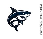 Aggressive blue-white shark mascot logo, sharp teeth, dynamic swimming pose.