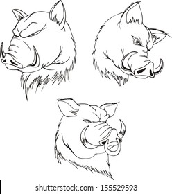 Aggressive boar heads. Set of black and white vector tattoo designs.