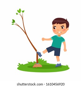 Aggressive boy breaking young tree flat vector illustration. Furious little kid damaging plant cartoon character. Angry child destroying nature isolated on white background. Ecology protection concept