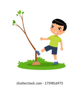 Niño agresivo rompiendo la ilustración vectorial plana de árbol joven. Furioso niño asiático dañando a personaje de dibujos animados. Niño enojado destruyendo la naturaleza aislada en un fondo blanco. Protección ecológica 