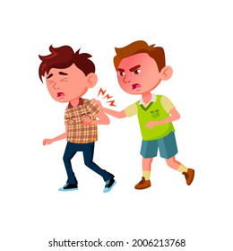 Aggressive Boy Kicking Classmate In School Vector. Angry Schoolboy Kicking Child, Conflict And Fighting. Characters Bullying Problem And Aggression Behavior Flat Cartoon Illustration