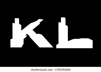 Aggressive and brutal sans serif extra bold smashed and ruined uppercase latin K, L letters for headlines, branding and print.