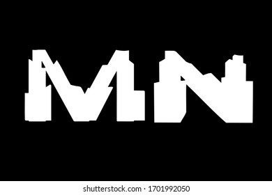 Aggressive and brutal sans serif extra bold smashed and ruined uppercase latin M, N letters for headlines, branding and print.