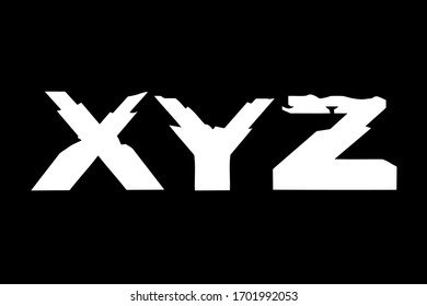 Aggressive and brutal sans serif extra bold smashed and ruined uppercase latin X, Y, Z letters for headlines, branding and print.