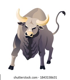 Aggressive buffalo animal, isolated angry bull with sharp horns and massive body. Wildlife or corrida, horned mammal, mascot or symbol of power. Wilderness, bison or ox, vector in flat style