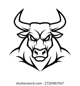 Diseño agresivo del logotipo de la mascota de la Ilustración vectorial de cabeza de toro en blanco y negro para el Equipo deportivo o el icono del juego
