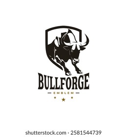 Aggressive bull logo - charging bull emblem, powerful black and white vector design