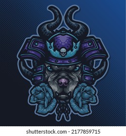 Aggressive Bulldog Animal Samurai Ronin Ninja Warrior with Rose Flower Vector Mascot Logo Illustration