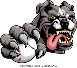 Aggressive Bulldog Baseball Mascot Holding Ball With Claws - Vector Hand Drawn Illustration Isolated On Transparent Background
