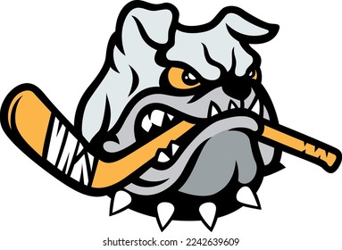 Aggressive Bulldog Breaking the Hockey Stick by Its Mouth